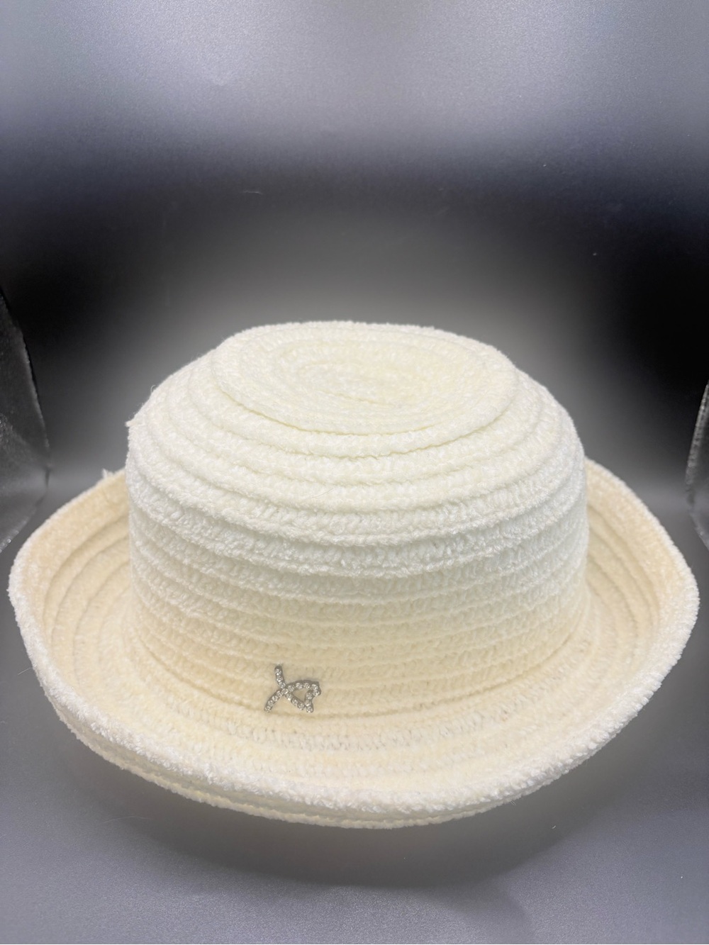 Betmar New York Ivory Teddy Boucle Bucket Hat Rhinestone Logo Cozy Chic